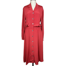Vtg Lands' End Silk Shirt Dress Womens 14 Red Button Collared Midi Workwear READ