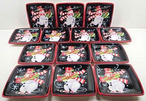 13 Pc Certified International Snowman Square Canape Plates Lot Holiday Christmas - Picture 1 of 24