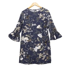 Old Navy Shift Dress Sz XS Navy Blue Floral Butterfly Bird Print Bell Sleeve