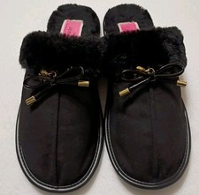 Kate Spade New York Lacey Black Faux Fur Leather Slippers Bow Tie Comfort Sz 6