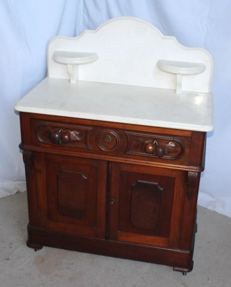 Cómoda antigua victoriana con soporte de lavado superior de mármol de nogal Foto 2 de 4