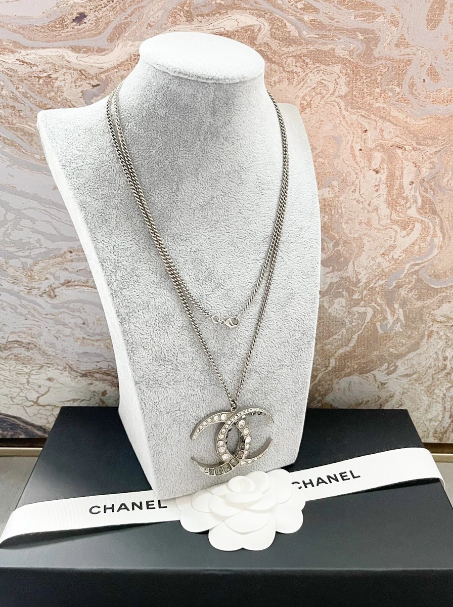 Chanel CC Crescent Moon Crystal Large Pendant Long Chain Necklace