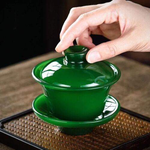Imperial Emerald Green Gaiwan Tea Cup Jade Porcelain Sancai Covered Bowl - Picture 3 of 7