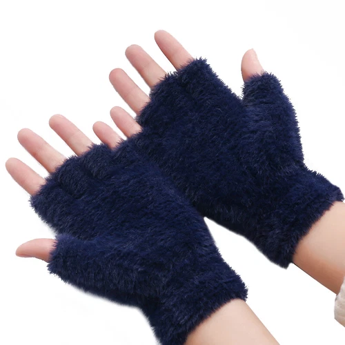 Womter Warm Half Finger Gloves,Fluffy Plush Fingerless Flip Gloves Flap Cover - Picture 5 of 29