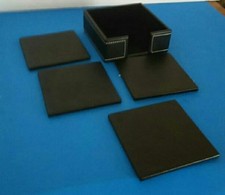 Faux Leather 4 Coaster Set with Holder Black