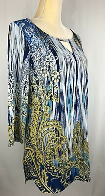 Nygard Women Tunic Top Shirt Small Blouse 3/4 Sleeve Keyhole Stretch Boho Blue
