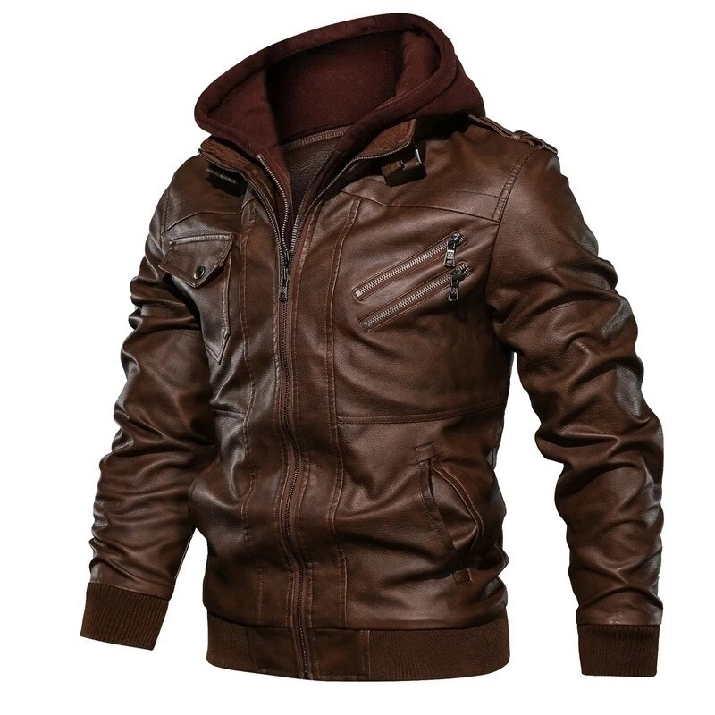 Mens Leather Jacket Punk Bomber Jacket Remove Hood Waterproof Motorbike Jacket. - Image 3 of 4
