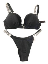 Victoria Secret Shine Strap Bombshell Push Up 2 Piece Bikini Swim Set Black NWT