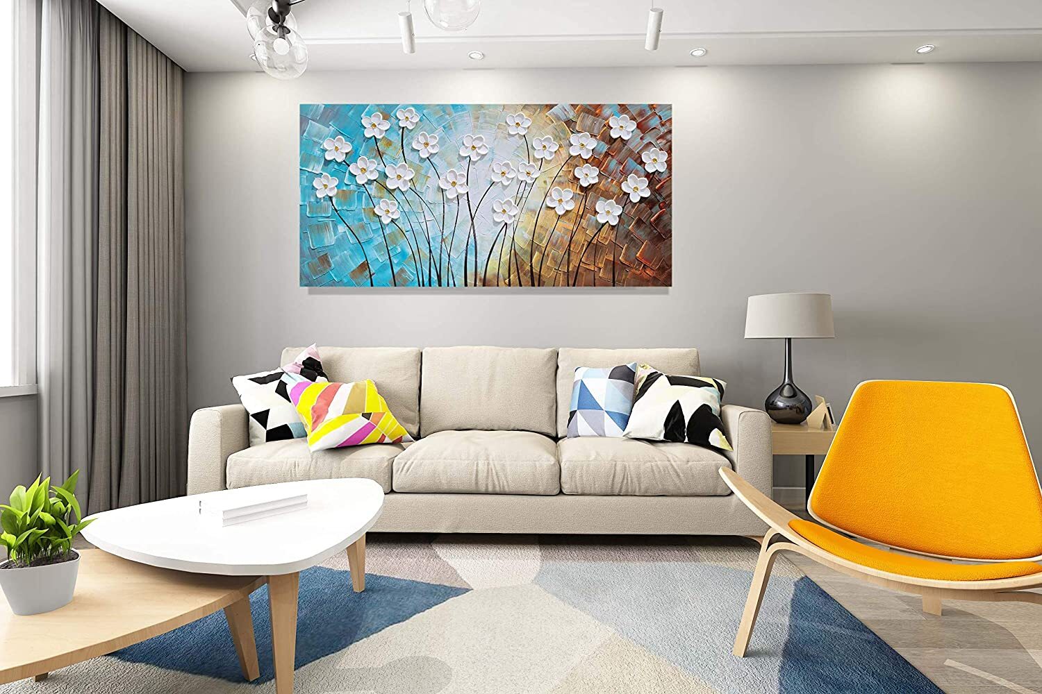 Art Oil Painting On Canvas Flowers White Modern Handmade 20x40 inch
