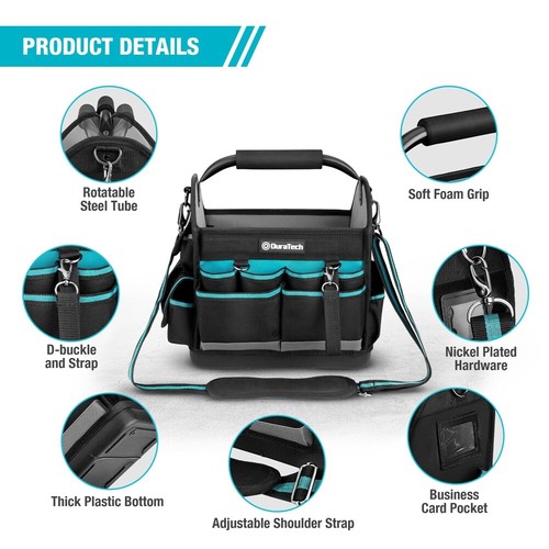 DURATECH 12" Tool Tote Open Top Tool Bag Wide Mouth Tool Bag Tote w/Multi-Pocket - Picture 4 of 10