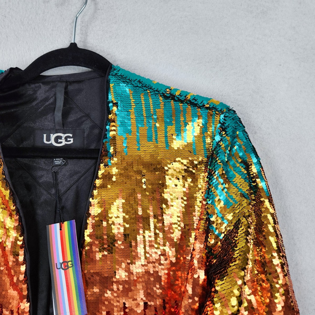 UGG Jacket Womens XXS Red Yellow Rainbow Sequin Cropped Chanley