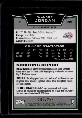 2008-09 Bowman Orange #139 DeAndre Jordan 203/299 Los Angeles Clippers Rookie RC - Picture 2 of 2