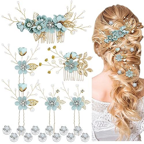 18-Piece Light Green Pearl Rhinestone Flower Hair Clips for Bridal, Wedding, Party, or Prom Accessories