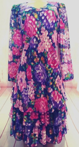 Woman's Jo Hanna New York Joan Davis Purple Floral Tiered Textured Dress Sz 12 - Picture 11 of 12
