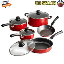 9 Piece Nonstick Frying Pan & Saucepan Set Easy Clean Stackable Design Red New