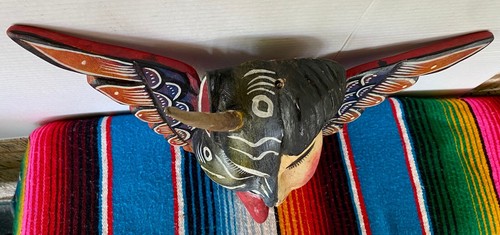 Mexican Folk Art Carved Wood Angel Devil Face Cacheton Bust Hang Wall Colonial - Picture 6 of 8