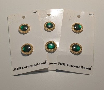 Set Of 6 New 5/8'' Buttons, Translucent Emerald Green In Goldtone Setting w/Shank