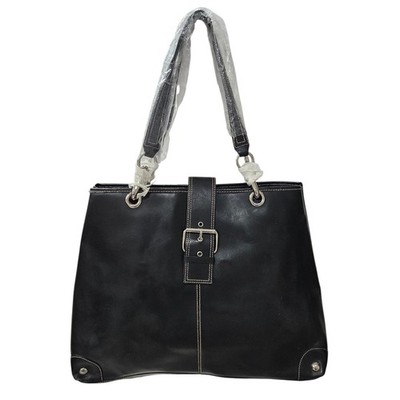 VTG Wilsons Pelle Studio Black Leather Lg Weekend Tote Bag Silver Grommet Buckle