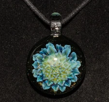Dahlia Pendant Handblown Glass – Layered Floral Art Wispy Rainbow Plant Leaves