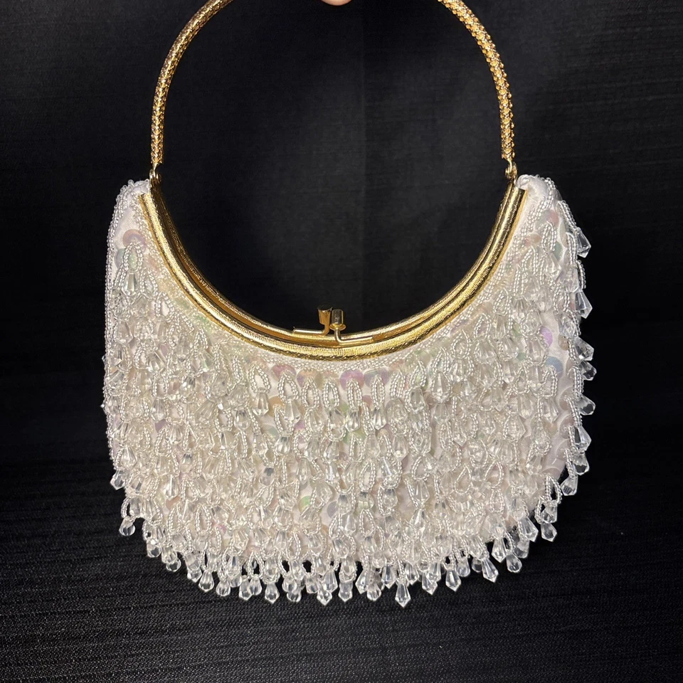 Bolso sin asas vintage de satén color marfil con cuentas de Hong Kong para mujer Foto 3 de 3