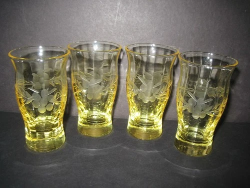 Set of 4 Yellow Depression Glass 2 Ounce Shot Glasses Etched Vintage