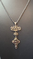 Victorian Sterling Gold Vermeil Lavalier Pendant Garnet Diamond Necklace
