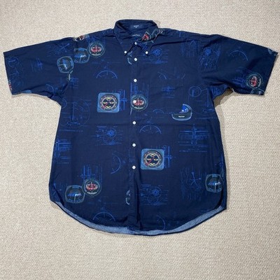 VINTAGE Nautica Hawaiihemd Herren XXL blau Segelkompass Navigation Gezeiten USA