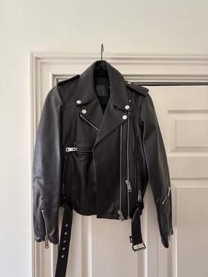 R13 Black Moto Leather Jacket Collared Belted Lined Logo Women s Biker Size M
