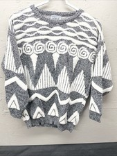 Vintage ADELE 80s Sweater White Black Geometric Knit Pullover 21x27 Retro L USA