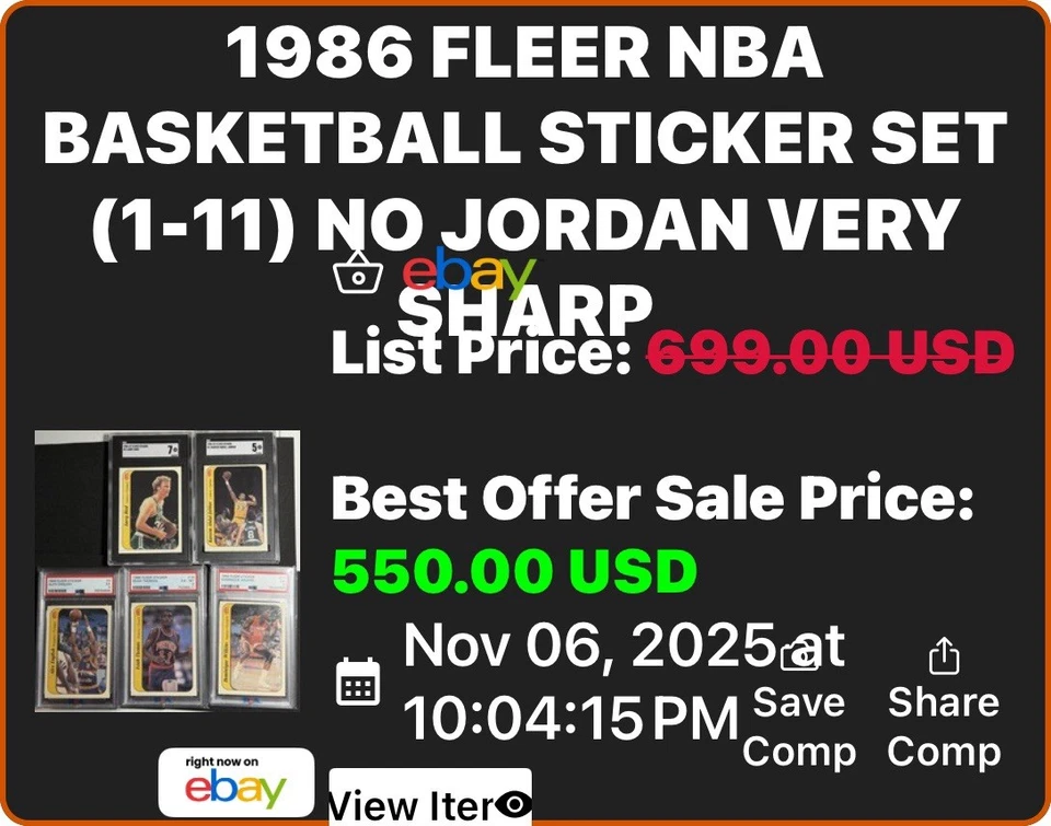 Juego de pegatinas de baloncesto Fleer NBA 1986 (1-11) sin Jordan muy afilado Foto 4 de 4