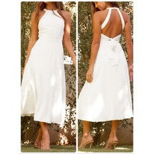 Lulu's Summer Dream Halter Open Back White Midi Dress Cottagecore Size Small NWT
