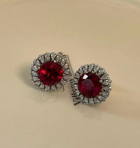Authentic 925 Sterling Silver 8.2ct Red Ruby Halo Stud Earrings 14k White Gold-plated