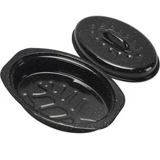 13 Inch Small Roasting Pan with Lid - Covered Oval Roaster - Enamel Carbon St...