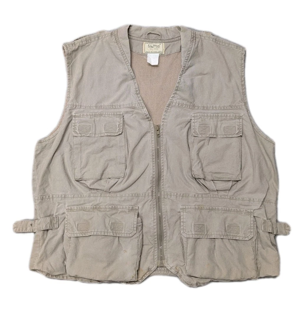 Vintage L.L. Bean Fishing Vest Mens L Khaki Tan Cotton Hong Kong 80s Multi-Pckt