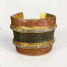 Les Bernard Vintage Signed Enameled Gold Cuff Bracelet Rhinestones