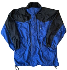 Mens Stearns Dry Wear Rain Jacket Blue Black Packable Hood Full Zip Size L Large