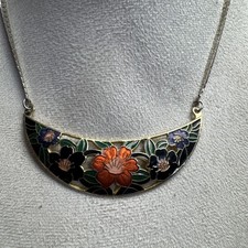 cloisonne enamel Vintage Cloisonné Enamel Crescent Bib Necklace with Floral Design on Blue Cord — listing 4