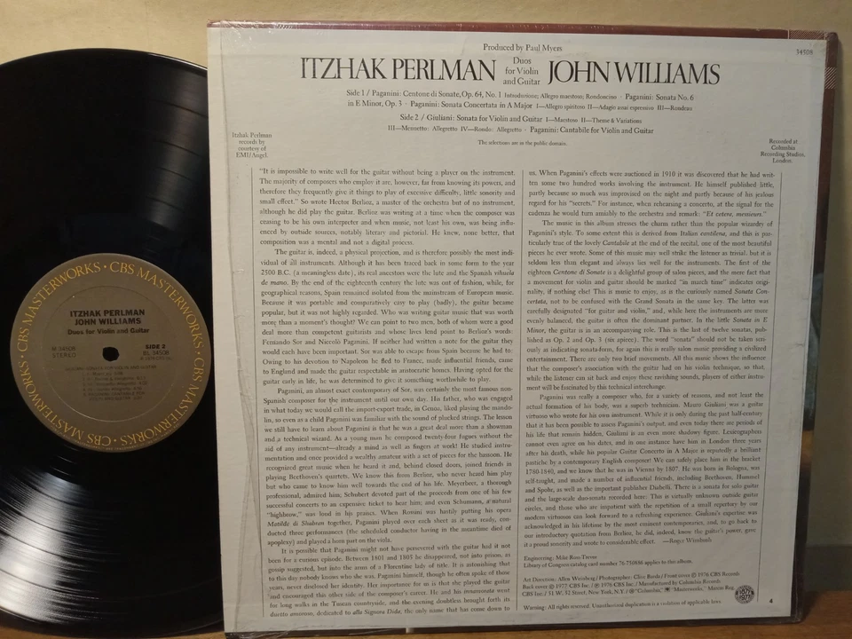 Itzhak Perlman, John Williams, Paganini - Duos for Violin Guitar, LP NM SHRINK - Image 3 of 4