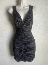 Y2K Forever 21 Dress Women Sz S Black Polka Dot Cocktail Mob Wife Ruched Slim