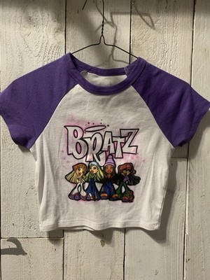Y2K Bratz Dolls T-Shirt Girls Small White & Purple Ringer Cropped Graphic Tee