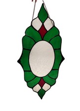 Christmas Stained Glass Suncatcher Artisan Made Green Red Etched Clear 15" Tall