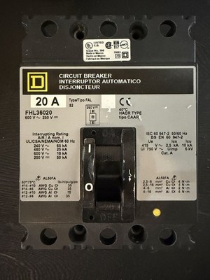 SQUARE D P/N: FHL36020 MOLDED CASE CIRCUIT BREAKER 20 AMP 600V 60HZ