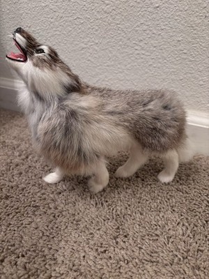 Howling Wolf Figurine Real Rabbit Fur Covered 8'' FOR PARTS REPAIR AS IS