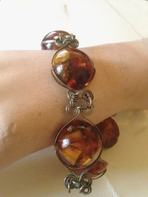 Superbe bracelet vintage en ambre Baltique, montage main , en argent, poinçons. - Photo 1/4