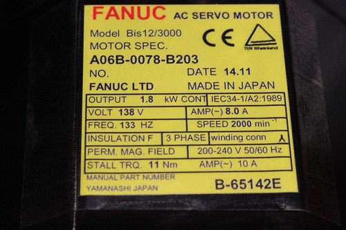 MOTOR AC FANUC A06B-0078-B203 BIS12/3000 B128IA STR/KY *1 AÑO DE GARANTÍA* - Imagen 3 de 3