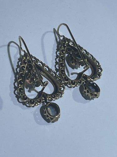 Antique 14k Yellow Gold Hearts Australian Fire Opal Dangle Earrings - Picture 6 of 15