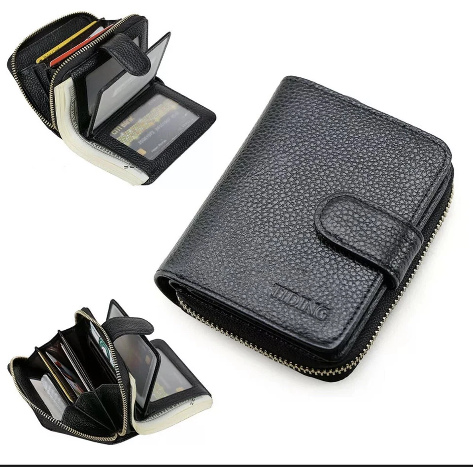 Black Mens Genuine Leather Zip Around ID Pocket Card Wallet Car Key Holder Purse - Image 4 of 4