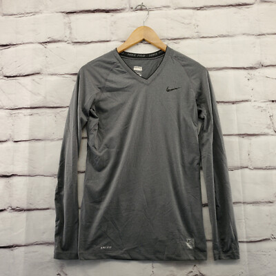 NIKE PRO Compression Top Mens Small Long Sleeve Pullover Gray Swoosh Logo