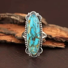 925 Sterling Silver Natural Blue Copper Turquoise Handmade Ring Women Jewelry