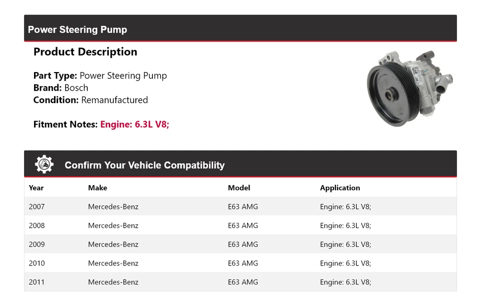 Bomba de dirección asistida Bosch para Mercedes E63 AMG 2007-2011 6,3 L V8 2008 2009 2010 Foto 2 de 4